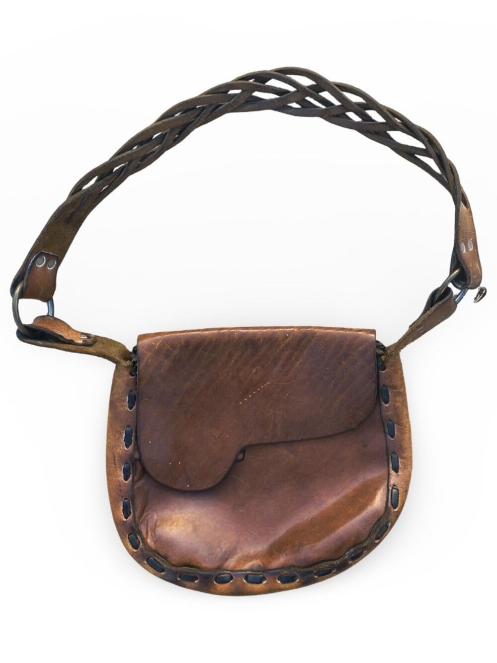 Handmade Rustic Leather Crossbody Bag Braided Strap Brown Boho Western Artisan